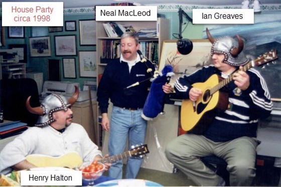 Ian Greaves 1998 - Jamming with Henry Halton and Neil MacLeod at our summer house party (inside due to rain). Neil couldn't play Oasis on his bagpipes so Ian and Henry wore the Viking helmets