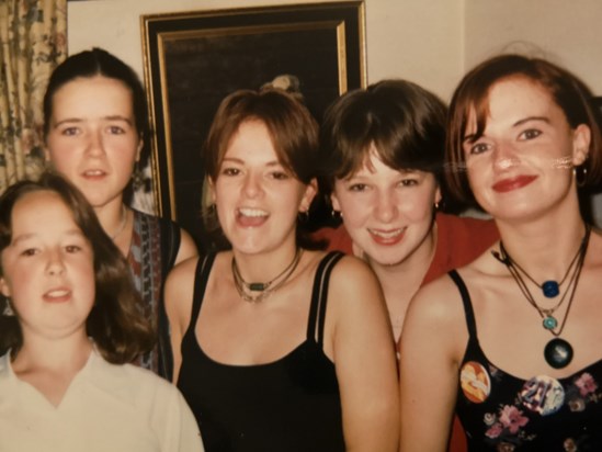 Pic of 5 of us sisters at my 21st. Just Andy missing. Xx