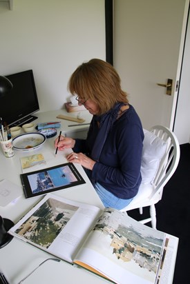 Jill painting watercolours at home - 2015
