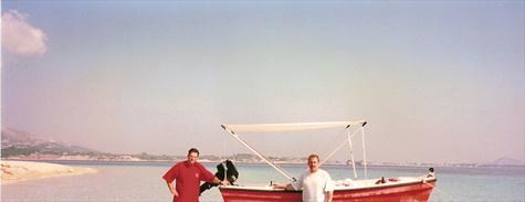 Phil and Dave taking a boat out on holiday.