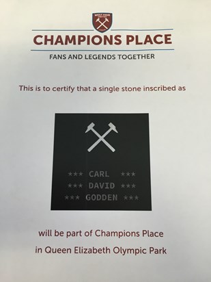 A stone to be laid at West Ham's new ground, in honour of Carl - a memorial for everyone to see for years & years to come xxxx