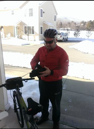 Michael cycling prep, outside the East Branch Farms house, Manchester, Vermont 