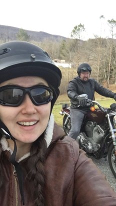 Jessica & Michael, playing with Michael's new Harley Davidson, Manchester, Vermont  