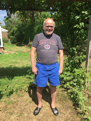 John in the garden in his favourite attire in August 2018. 