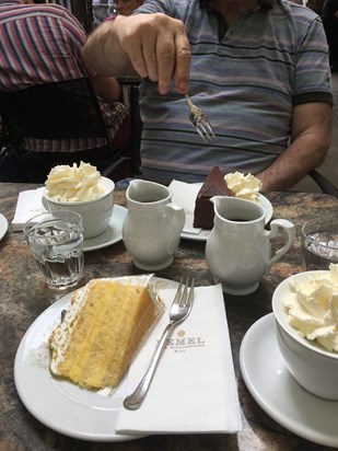 John, about to dig in to Sachertorte in our favourite cafe in Vienna