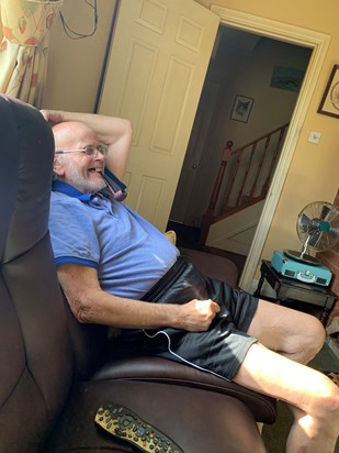 September 2019.  John trying out our posh new settee!!