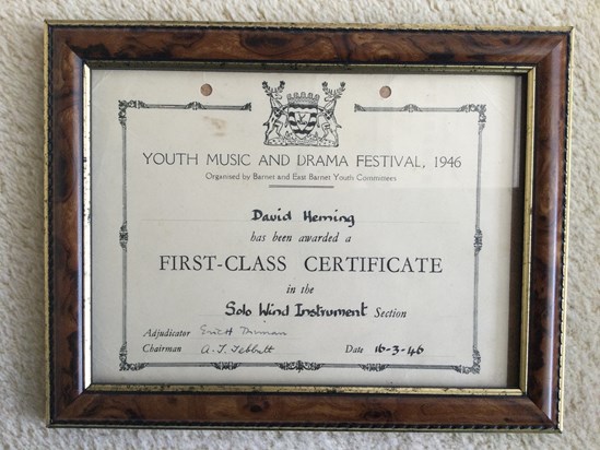 First Class Certificate at Youth Music and Drama Festival 1946
