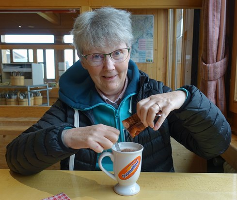 Kate enjoying a hot chocolate (her favourite drink) in Winterregg, Switzerland