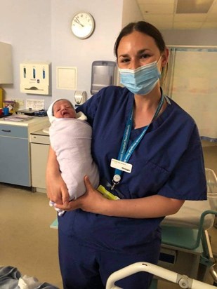 Mason with georgie.....midwife/ family who very kindly agreed to come in on her day off and care for me and Mason. Delivering him on her birthday making them birthday buddies for life 