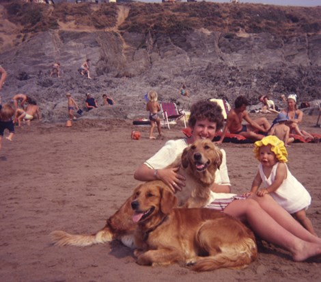 Hazel with young Hannah and some dogs in Cornwall