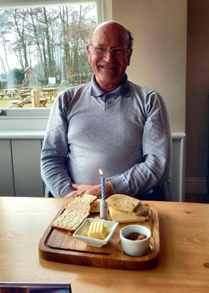 Dad with his illicit birthday cheese.  The Boathouse, Ormesby St Michael.