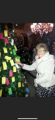 Mum at Chatsworth House putting a message on their tree for dad and Hannah in heaven 