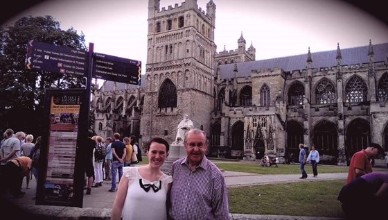 Grampy and granddaughter outside Exeter Cathedral 