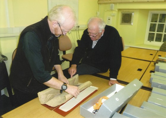 Anthony Aris & CEM inspecting MV Aris' Tibetan texts in Bodleian Collection, Oxford - 2012