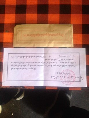 MARME FOR ANTHONY IN LHASA, CERTIFICATE OF WEEKLY OFFERING DURING THE BARDO AT RAMOCHE TEMPLE