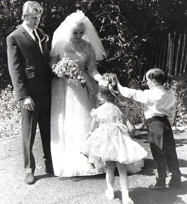 Frances and Eric with Bridesmaid Sharon and Page Boy Robert, July 1966.