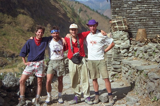 1991 Nepal Annapurna Trek John, Kevin, Mike and Patrick near Tatopani