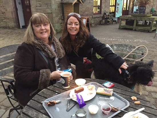 Liz and Val at Lyme Park on Liz's Birthday in 2015 - Birthday mini-roll tradition!