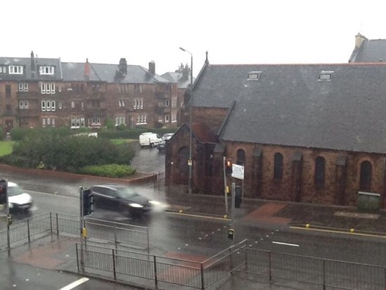 The view from across the road from your living room, the wee church now gone