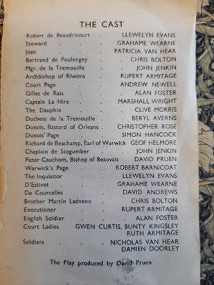 Cast list for 'Saint Joan' at The Poly, Falmouth, where Pat played the title role