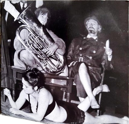 Pat playing the tuba in a production at the Poly late 1960s