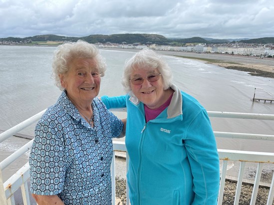 Joan with her sister Brenda on their hotel room balcony in Llandudno, August 16th 2021.
