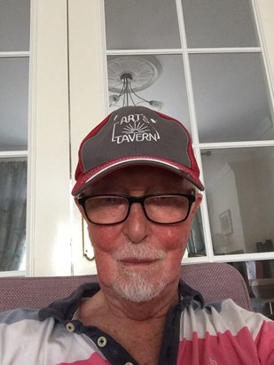 Wearing a cap from a famous tavern in Glen Arbor.