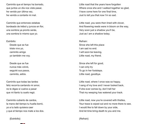 Translation of Caminito - Little Road - Carlos Gardel played at the beginning of the funeral. 