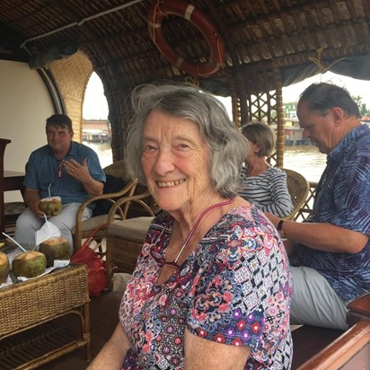 Jean on a houseboat in Kerala in 2017