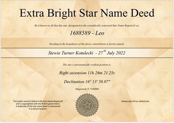 Extra Bright Star Name Deed