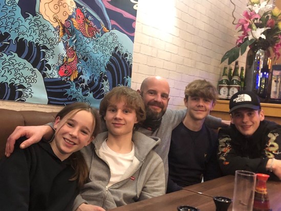 Dave with his four children Jamie, Harry, Alfie and Maisy - out celebrating Harry's 18th birthday.