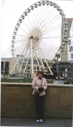 Julie at the big wheel in Manchester