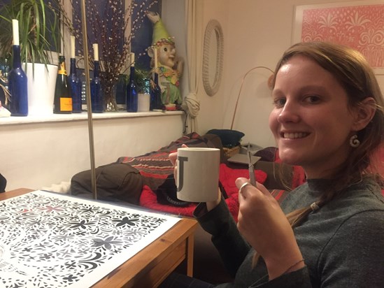 One of many happy nights spent with Alice papercutting at my flat. Here is Alice papercutting a picture I drew of St Paul’s Cathedral.