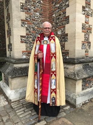 Tim wearing spiffy garb to take part in honoring St. Albans