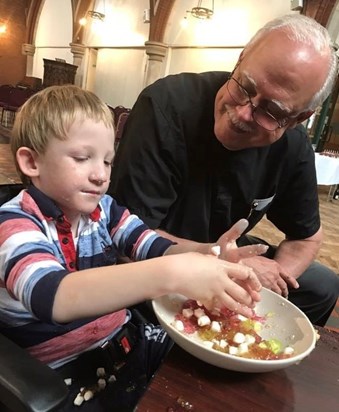 Tim had been made a special birthday jelly, well my son had other ideas for it, both Tim and Oliver came away covered in jelly but their smiles speak volumes. 