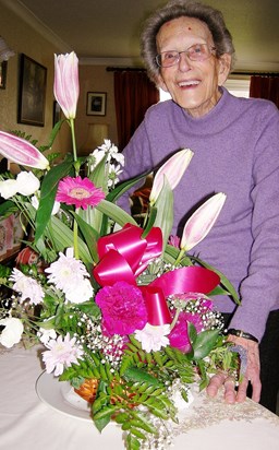 Muriel with her 90 birthday flowers