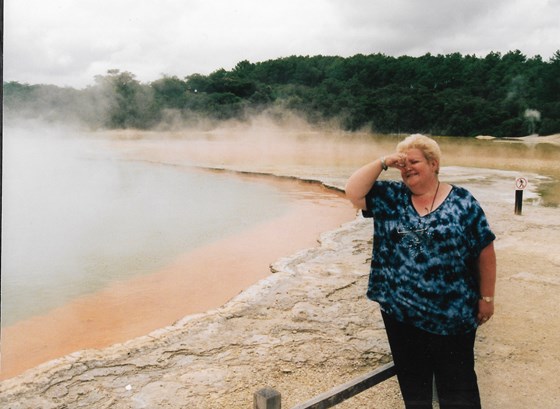 Sue not liking the smell at Rotorua 2004 New Zealand