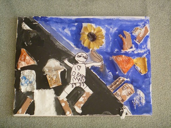 TREASURE HUNT find # 2... Alexander's mixed media, inspired by his Nyonya's artwork all around.