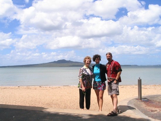 Kyla and Keith with Mummy in New Zealand.... Rangitoto, dormant volcano, in the background