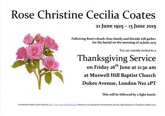 Funeral Invite - Rose Christine Cecilia Coates