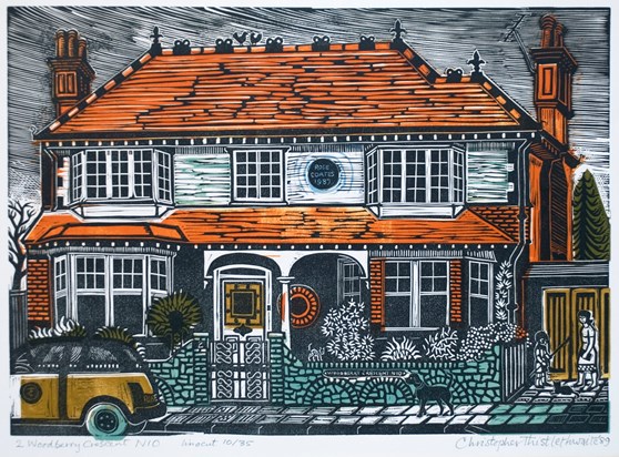 This is no 2 Woodberry Crescent. A linocut by Christopher Thistlethwaite, Rose's brother