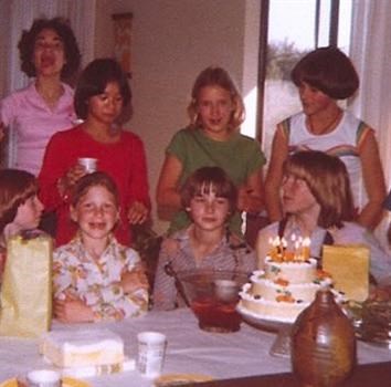 Skating Friends: Elaine (upper right in rainbow shirt) with Donna Murakami (red shirt)