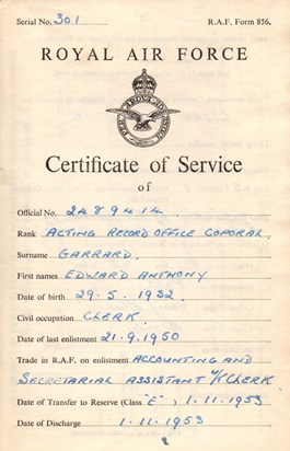 21st September 1950 Tony's Royal Air Force Certificate of Service