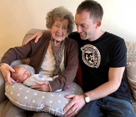 Meeting her newest great-grandson, Joshua, only a couple of months ago 