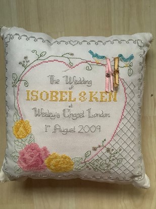 Something beautiful....my mother made this ring cushion for Isobel and Ken’s wedding. The pink and yellow roses were inspired by the colours of my bouquet.