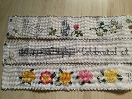 Every image embroidered on the cake bands had personal significance; swan for the nature reserve, clover for luck, harebells and wild strawberries which appear on my dinner service and remind us of the golf course and garden in Chilwell.
