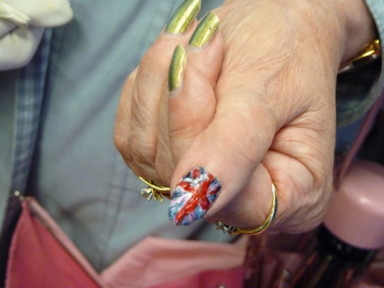My mother had beautiful hands and loved to paint her incredibly long finger nails. She had lots of fun with them often painting  each finger in a different colour. She painted her thumb with the Union Jack for the diamond jubilee