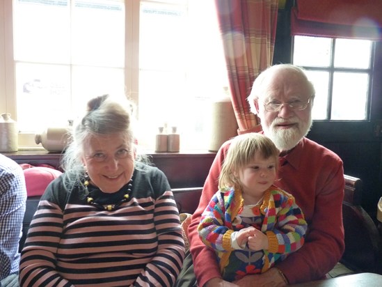 My parents with Rebecca who is wearing one of Mummy’s amazing creations; her Elmer jumper.