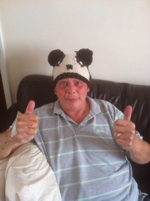My dad playing the fool in one of many silly chemo hats x
