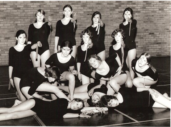Remove Modern Dance production, Wells Cathedral School Sports Hall, 1974-5 (Tina back row on right)